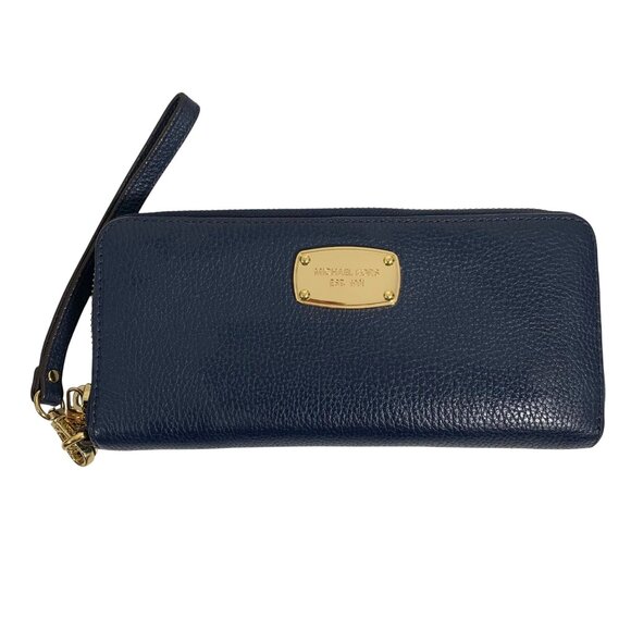 Michael Kors Jet Set Travel Navy Blue Pebble Leather Gold Hardware Logo Plate - Picture 1 of 13